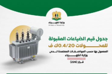 الضياعات المقبولة للمحولات 20/0.4 ك.ف وفق مواصفات وزارة الكهرباء